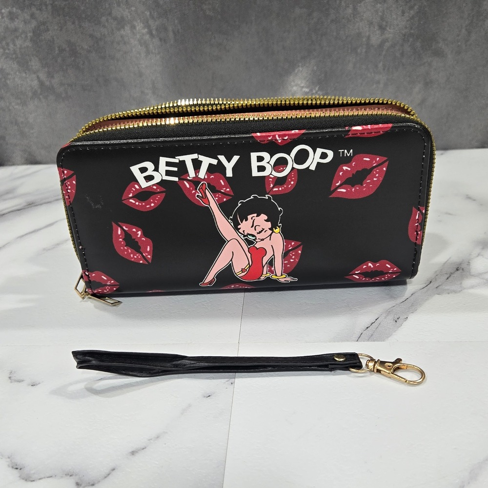Betty Boop Double Zip Wristlet Wallet Womens Black Red Lips Graphic Organizer